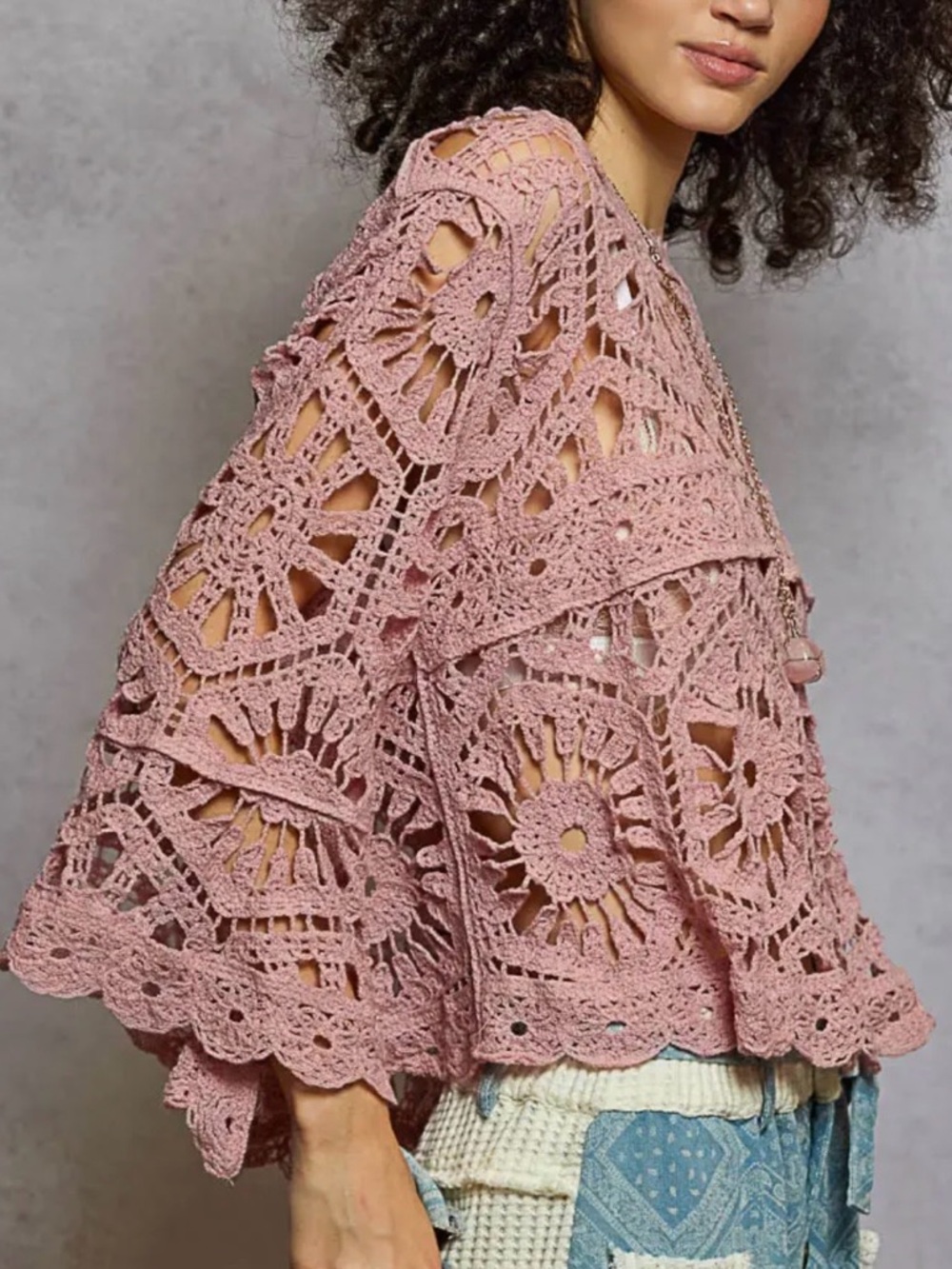 POL Bohemian Crochet Openwork Bracelet Bell‎ Sleeve Short Top Rose Pink One Size - Picture 2 of 11